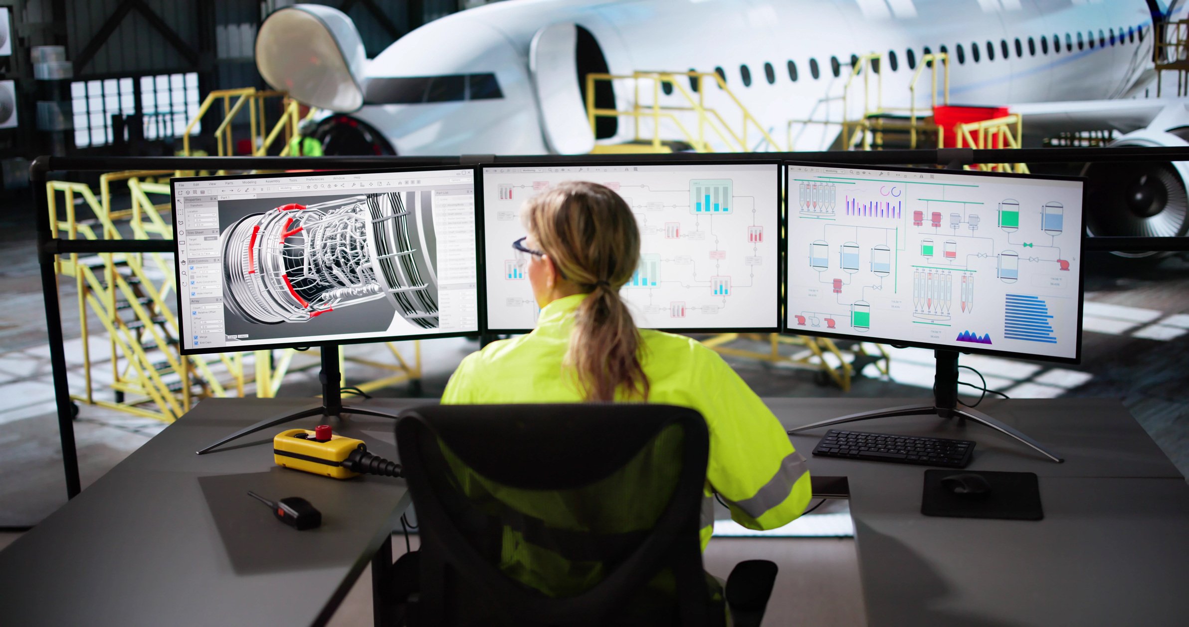 person in front of computer in airplane hangar
